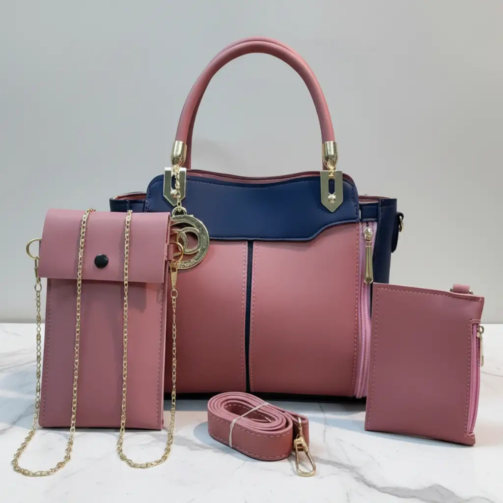 Liva 3PCS Pink Blue – chic multi-compartment handbag and shoulder bag set for girls in Pakistan
