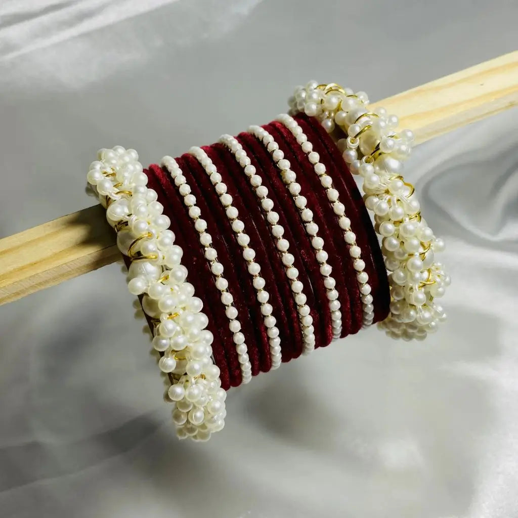 Maroon stylish pearl velvet bangles set for girls in Pakistan