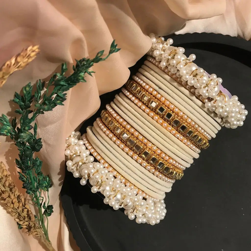 Off white velvet bangles set for girls in Pakistan