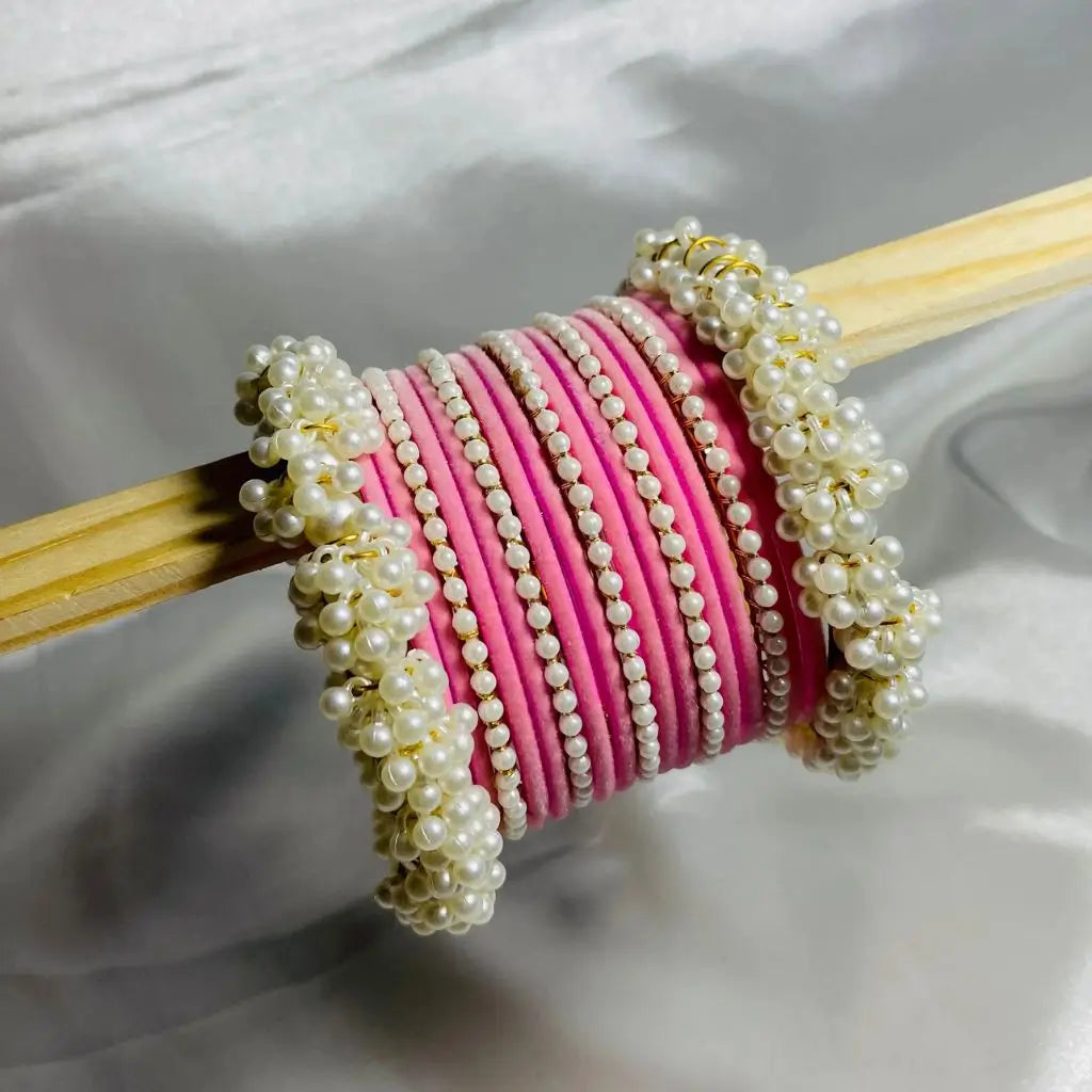 Pink stylish pearl velvet bangles set for girls in Pakistan