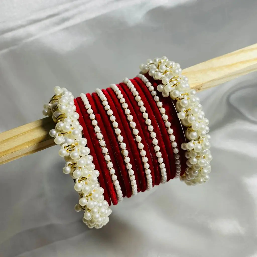 Red stylish pearl velvet bangles set for girls in Pakistan