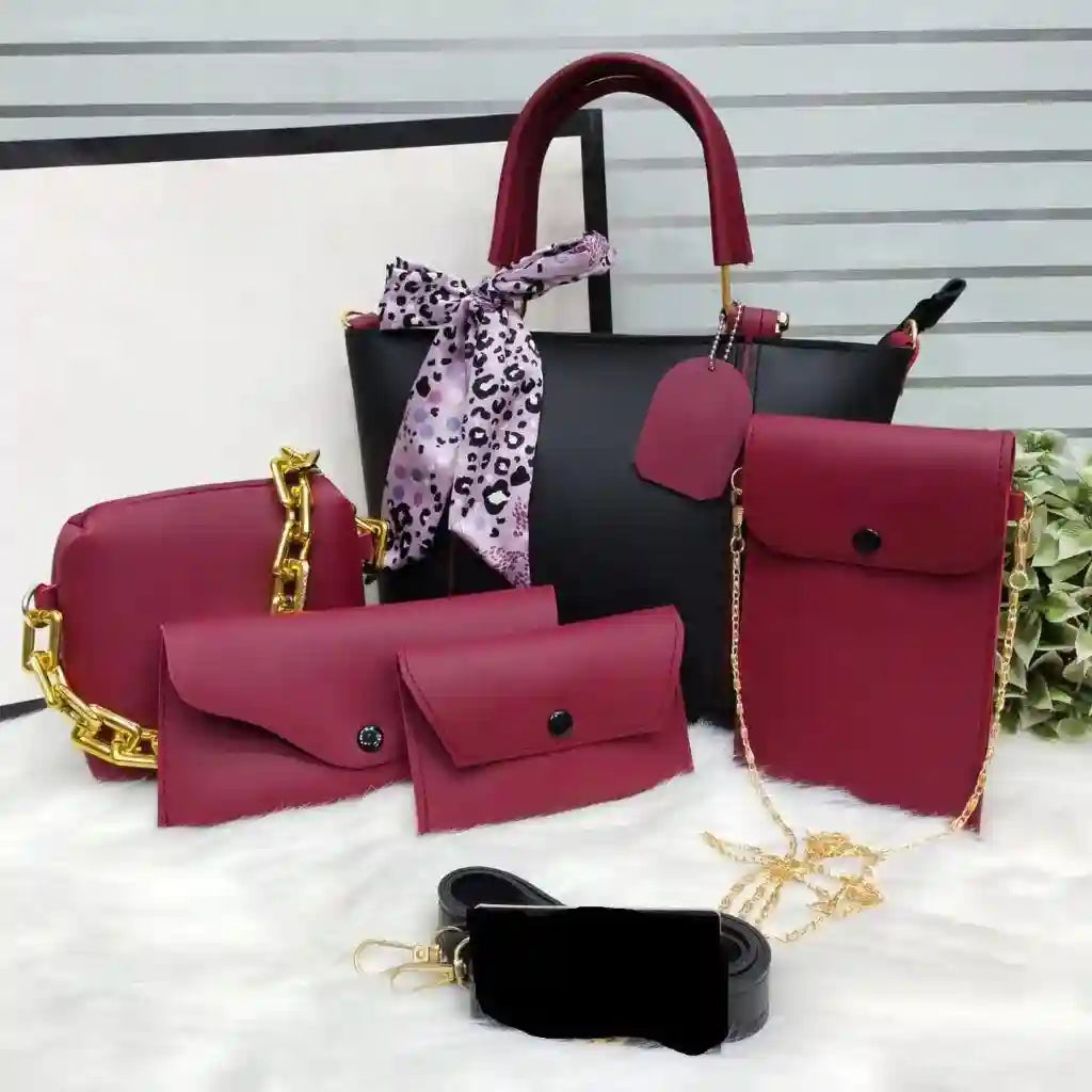 Sable 5PCS Black Maroon – elegant handbag and shoulder bag set for women in Pakistan