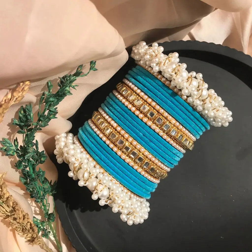 Sea blue velvet bangles set for girls in Pakistan