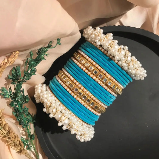 Sea blue velvet bangles set for girls in Pakistan