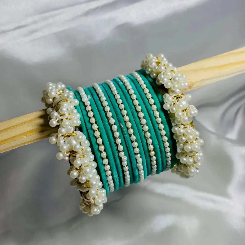 Sea green stylish pearl velvet bangles set for girls in Pakistan