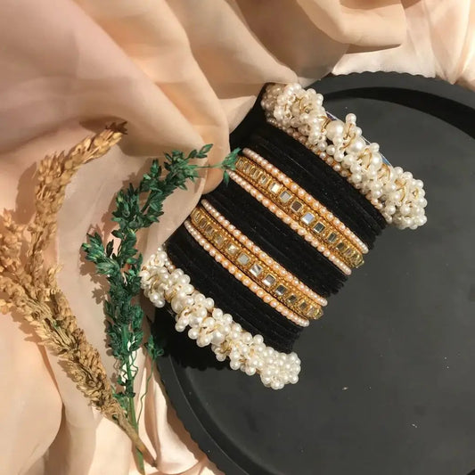 Black Velvet Pearl Bangles Set