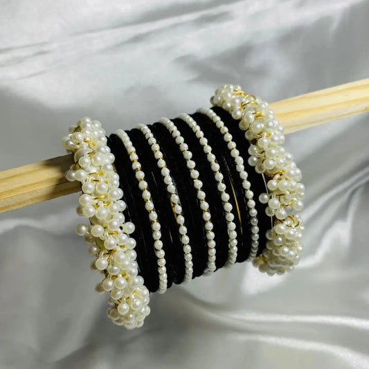 Black Velvet Thin Pearl Bangles Set