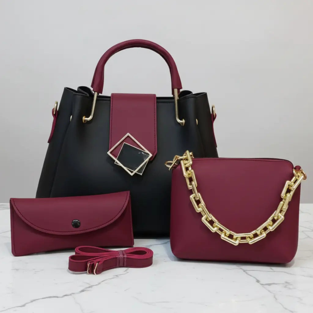 Trielle 3PCS Black Maroon – elegant handbag and shoulder bag set for girls in Pakistan
