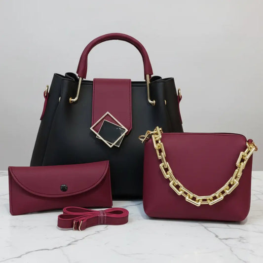 Trielle 3PCS Black Maroon – elegant handbag and shoulder bag set for girls in Pakistan