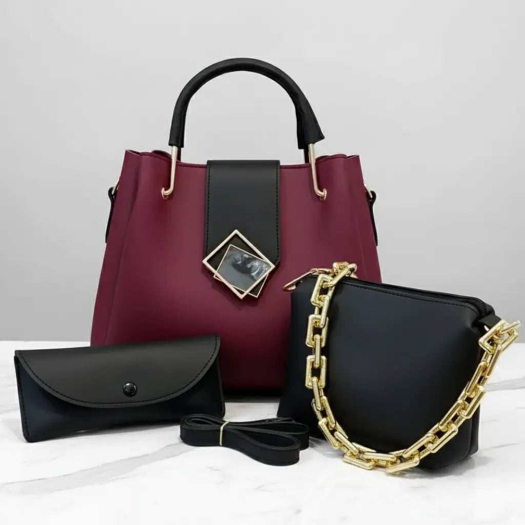 Trielle 3PCS Maroon Black – chic handbag and shoulder bag set for girls in Pakistan